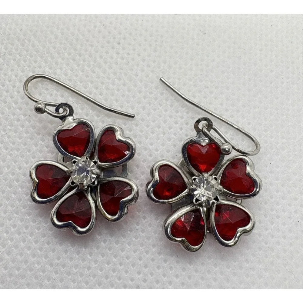 Vintage Red Heart Glass Flower Dangle Earrings Silver Tone Rhinestone‎ Center - Picture 3 of 7